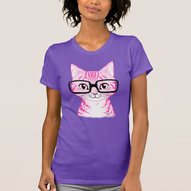 Hand Drawn Nerdy Cat Art Womens Jersey Tee for Her (Front)