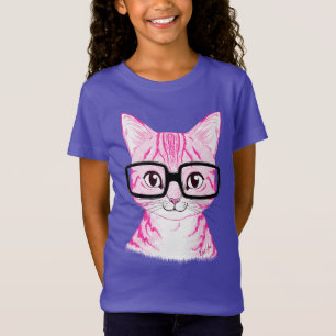 Hand Drawn Nerdy Cat Girl's Purple Football Tee