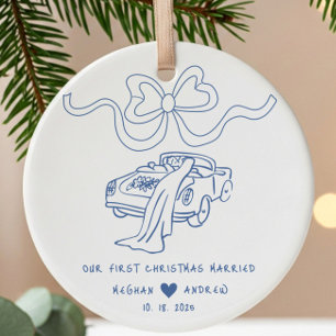 Hand Drawn Newlywed Christmas Ceramic Tree Decoration