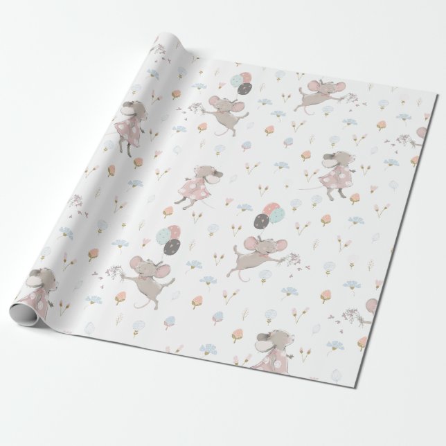 Hand drawn nursery cute mice pattern wrapping paper (Unrolled)