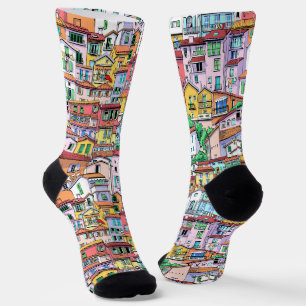 Hand drawn of busy town Colourful pattern Orange Socks