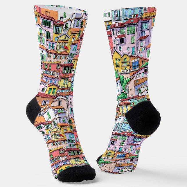 Hand drawn of busy town Colourful pattern Orange Socks (Angled)