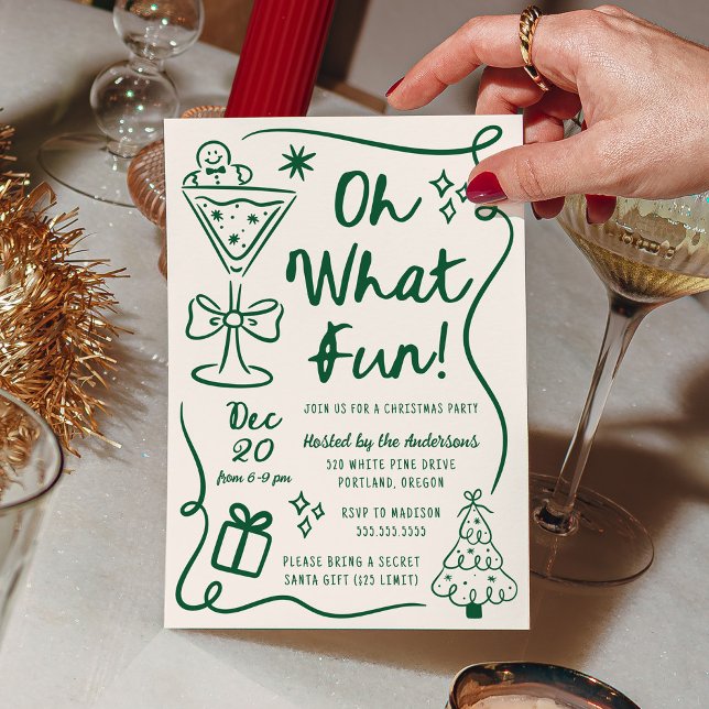 Hand-Drawn Oh What Fun Green Christmas Party Invitation (Creator Uploaded)