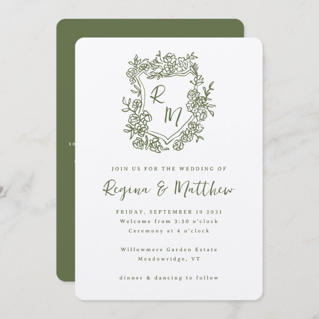 Hand Drawn Olive Crest Monogram All-in-one Wedding Invitation (Front/Back)