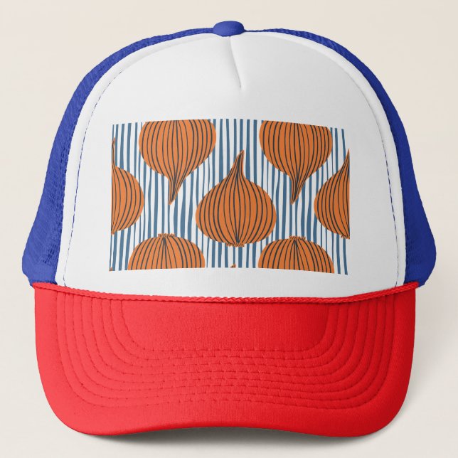 Hand-drawn onion bulbs, organic wallpaper trucker hat (Front)