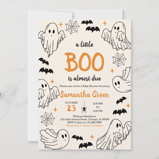 Hand-drawn Orange A Little Boo Baby Shower Invitation (Front)
