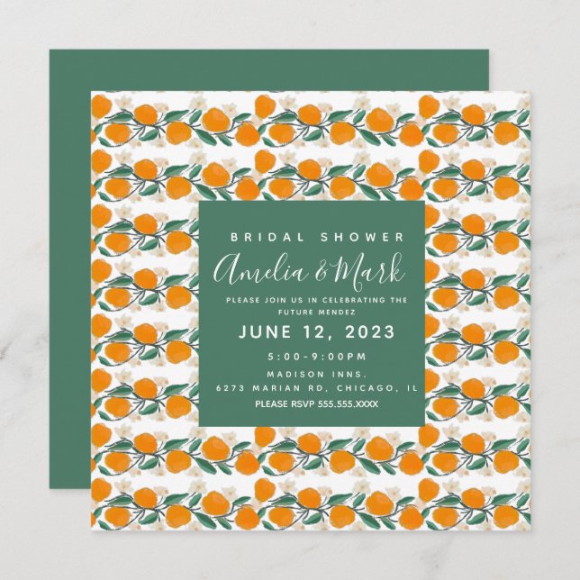 Hand-Drawn Orange Botanical Abstract Bridal Shower Invitation (Front/Back)