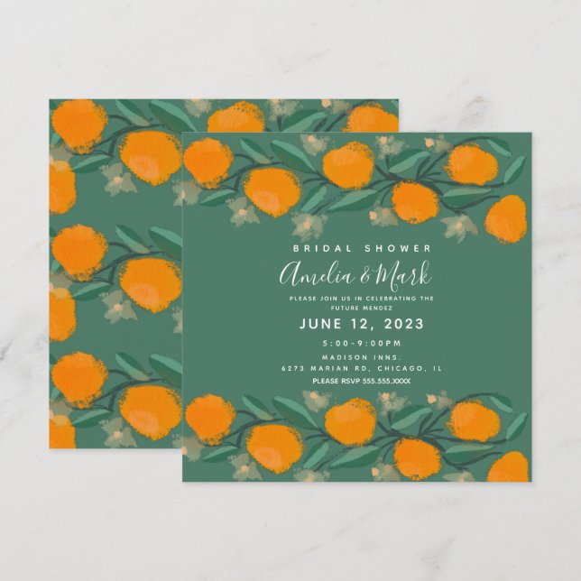 Hand Drawn Orange Botanical Abstract Bridal Shower Invitation (Front/Back)