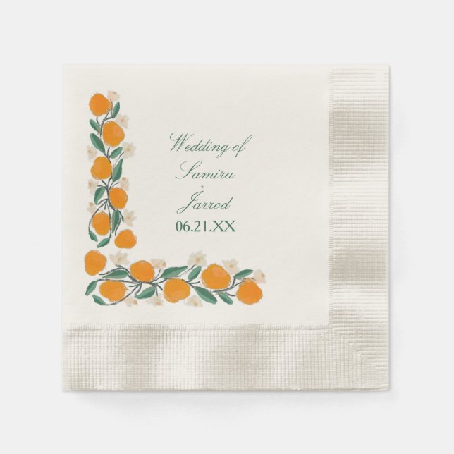 Hand-Drawn Orange Botanical Abstract Wedding Napkin (Front)