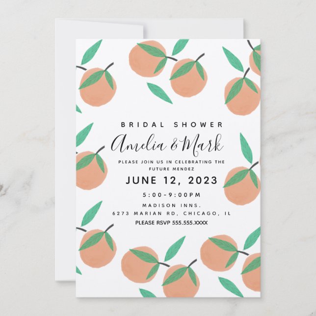 Hand Drawn Orange Botanical Bridal Shower Rustic Invitation (Front)