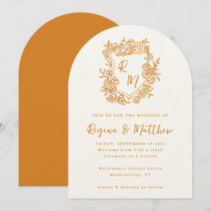 Hand Drawn Orange Floral Crest Monogram Wedding Invitation