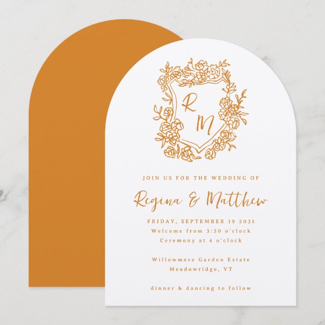 Hand Drawn Orange Floral Crest Monogram Wedding Invitation (Front/Back)