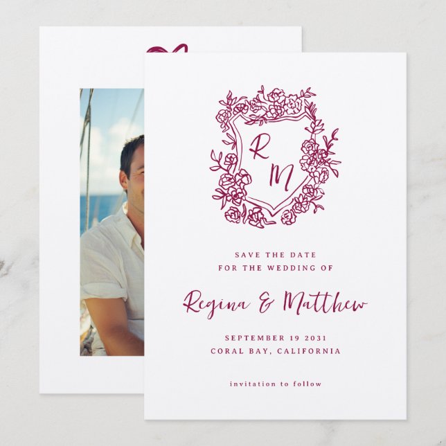 Hand Drawn Orange Floral Crest Monogram Wedding Save The Date (Front/Back)