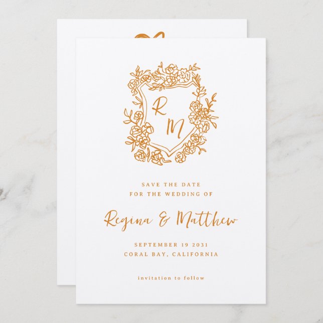 Hand Drawn Orange Floral Crest Monogram Wedding Save The Date (Front/Back)