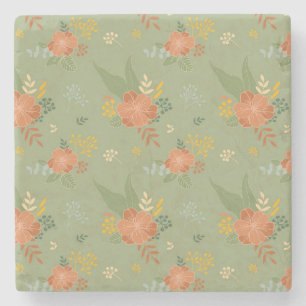 Hand Drawn Orange Pastel Floral Pattern Sketch Stone Coaster