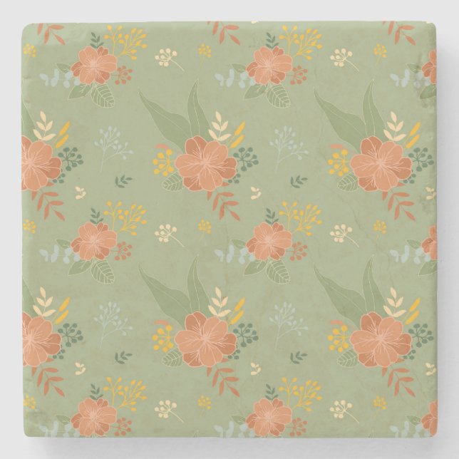 Hand Drawn Orange Pastel Floral Pattern Sketch Stone Coaster (Front)