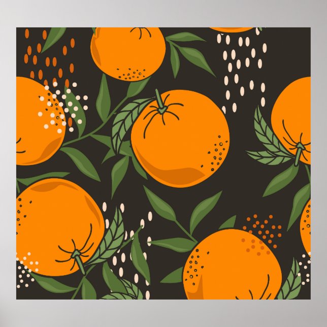 Hand-drawn oranges, colourful vintage background. poster (Front)