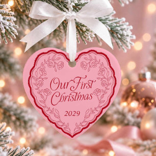 Hand Drawn Our First Christmas Photo Heart Ceramic Tree Decoration