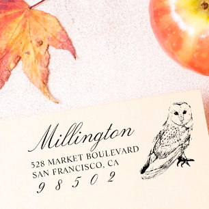 Hand-drawn Owl Family Name Script Return Address Rubber Stamp