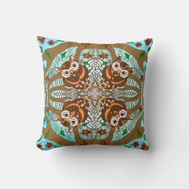 Hand Drawn Owl Mandala Artwork Cushion (Front)