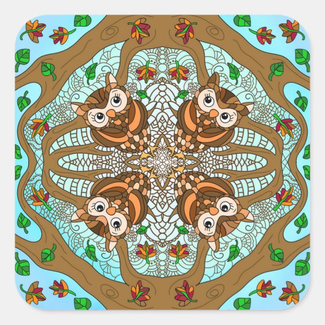 Hand Drawn Owl Mandala Artwork   Square Sticker (Front)