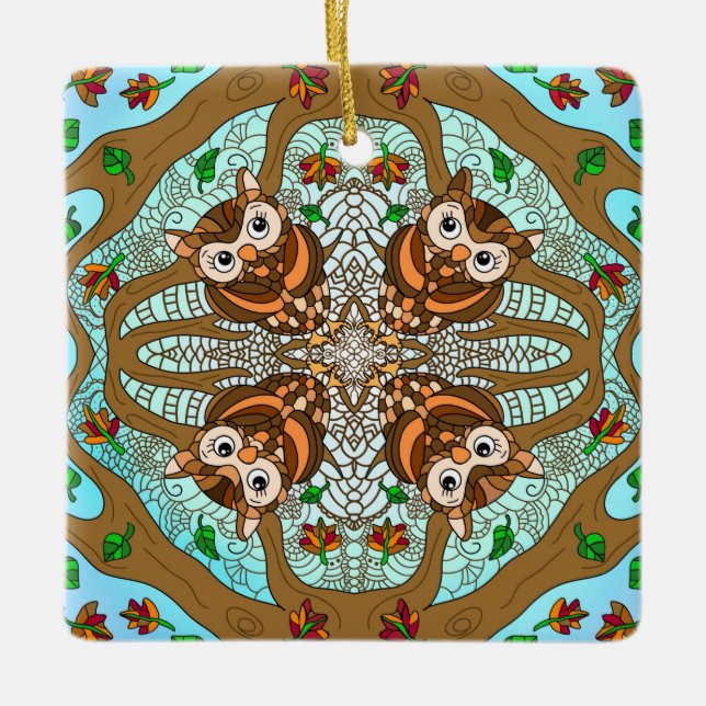 Hand drawn Owl Mandala  Ceramic Ornament (Front)