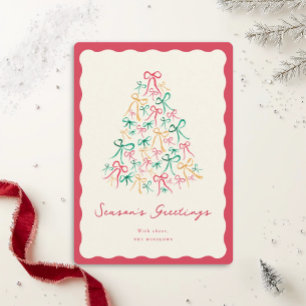 Hand Drawn Painted Ribbon Bow Tree Holiday Card 