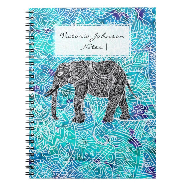 Hand drawn paisley boho elephant blue turquoise notebook (Front)