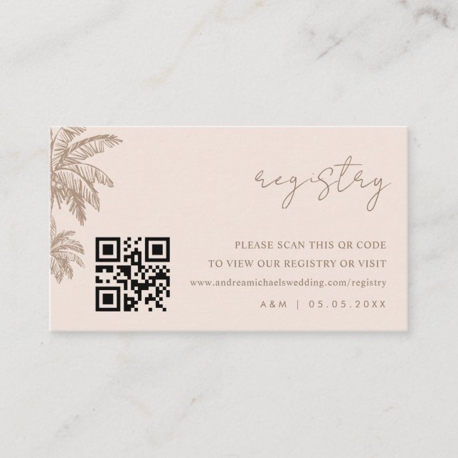 Hand Drawn Palm Tree Qr Code Wedding Gift Registry Enclosure Card (Front)