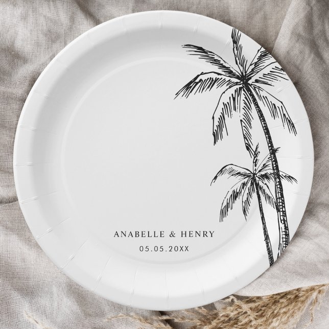 Hand Drawn Palm Trees Beach Destination Wedding Paper Plate (Creator Uploaded)