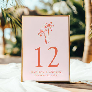 Hand-Drawn Palm Trees Pink Wedding Table Number