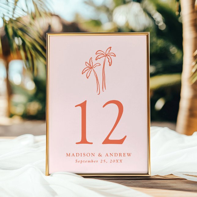 Hand-Drawn Palm Trees Pink Wedding Table Number (Creator Uploaded)