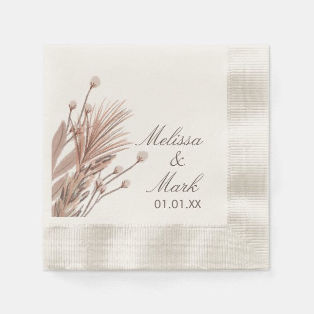 Hand Drawn Pampas Cotton Plants Monogram Napkin (Front)