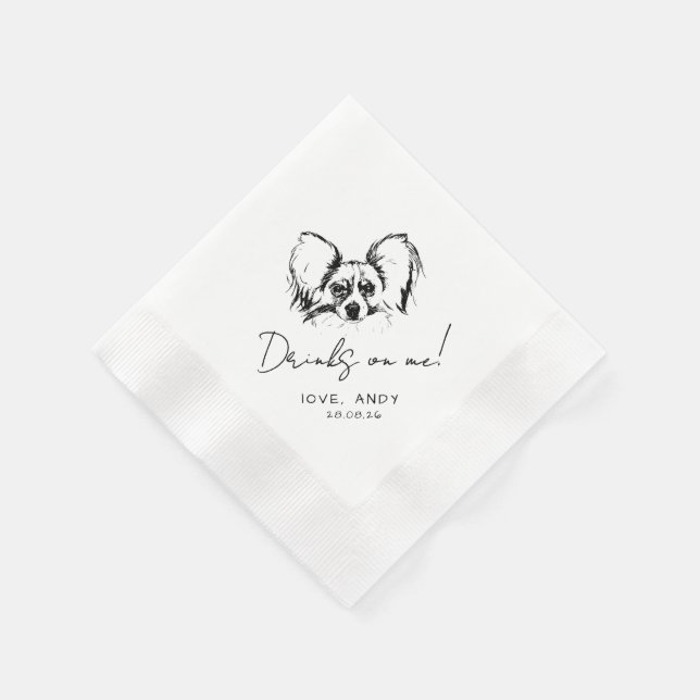 Hand Drawn Papillon Dog Drinks on me Cocktail Napkin (Corner)