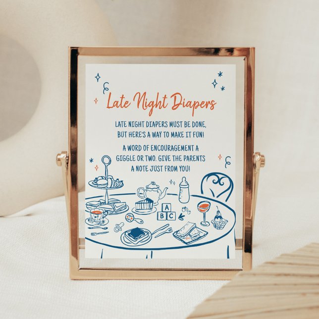 Hand Drawn Party Baby Shower Late Night Diapers Poster (Hand Drawn Baby Brunch Party Baby Shower Late Night Diapers Sign)