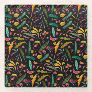 Hand Drawn Pastel Palm Leaves and Flowers Sketch Glass Coaster