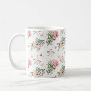 Hand Drawn Pastel Pink & Peach Flowers & Song Bird Coffee Mug