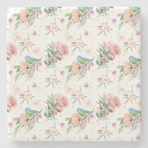 Hand Drawn Pastel Pink & Peach Flowers & Song Bird Stone Coaster