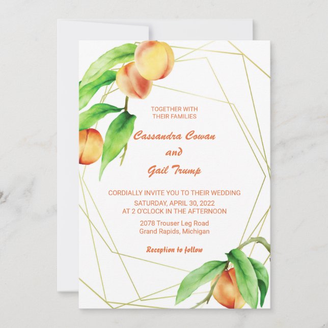 Hand Drawn Peaches Watercolor Wedding Invitation  (Front)