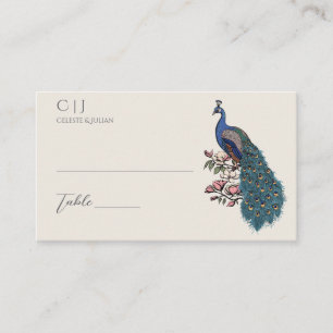 Hand-Drawn Peacock Antique White Wedding Place Card