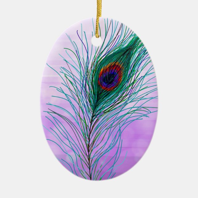 Hand drawn Peacock Feathers Personalised  Ceramic Tree Decoration (Front)