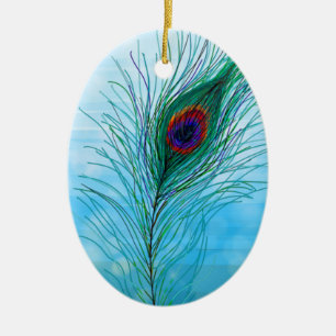 Hand drawn Peacock Feathers Personalised  Ceramic Tree Decoration