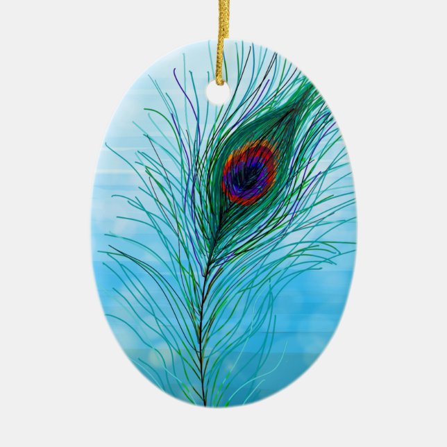 Hand drawn Peacock Feathers Personalised  Ceramic Tree Decoration (Front)
