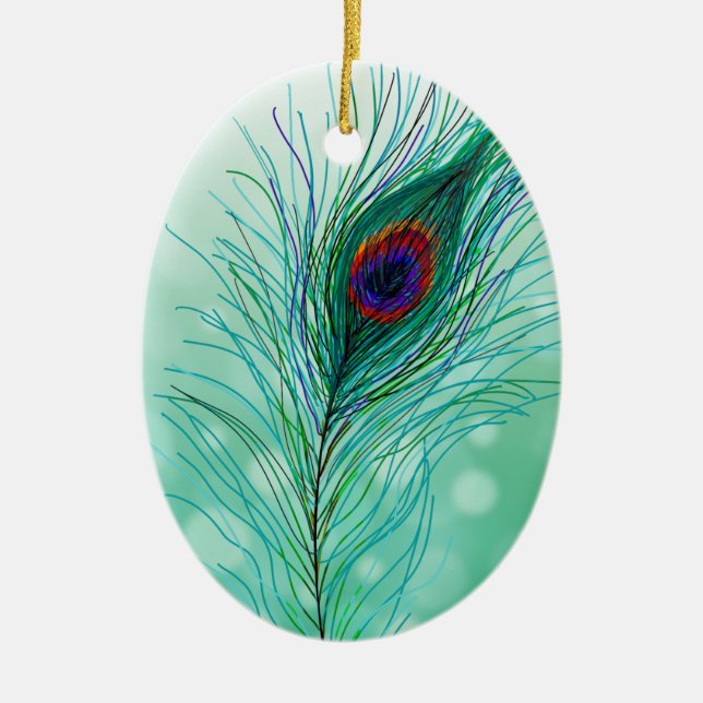 Hand drawn Peacock Feathers Personalised   Ceramic Tree Decoration (Front)