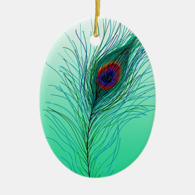 Hand drawn Peacock Feathers Personalised Christmas Ceramic Tree Decoration (Front)