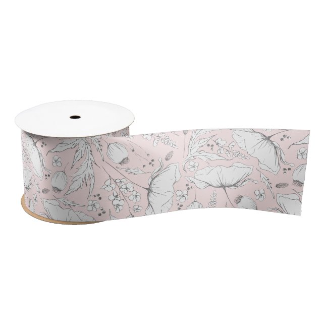 Hand-drawn Pencil Wildflowers Elegant Pink Satin Ribbon (Spool)