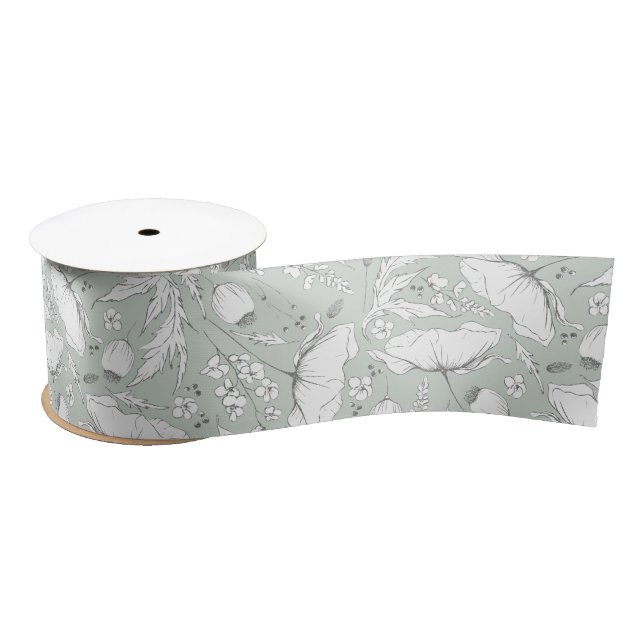 Hand-drawn Pencil Wildflowers Elegant Sage Green Satin Ribbon (Spool)