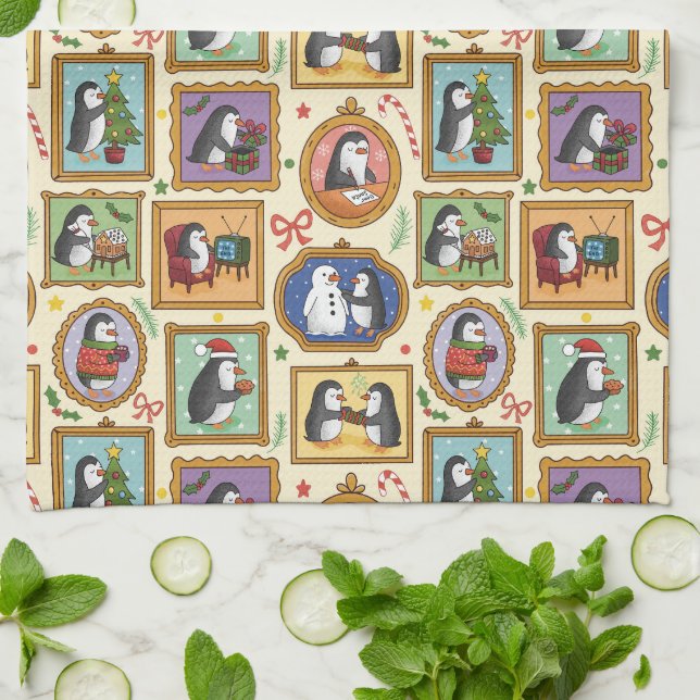 Hand Drawn Penguin Christmas Pattern Kitchen Towel (Folded)