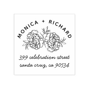 Hand-drawn Peonies   Names & Hand-written Address Rubber Stamp