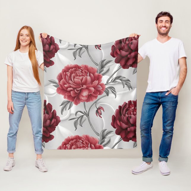 Hand-Drawn Peony Fleece Blanket – Elegant Crimson  (In Situ)